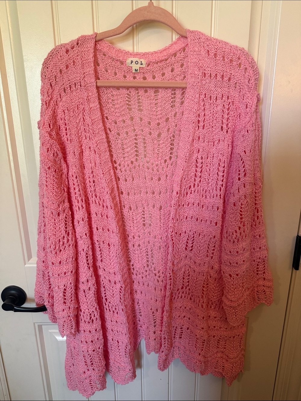 POL Pink Open-Weave Crochet Cardigan